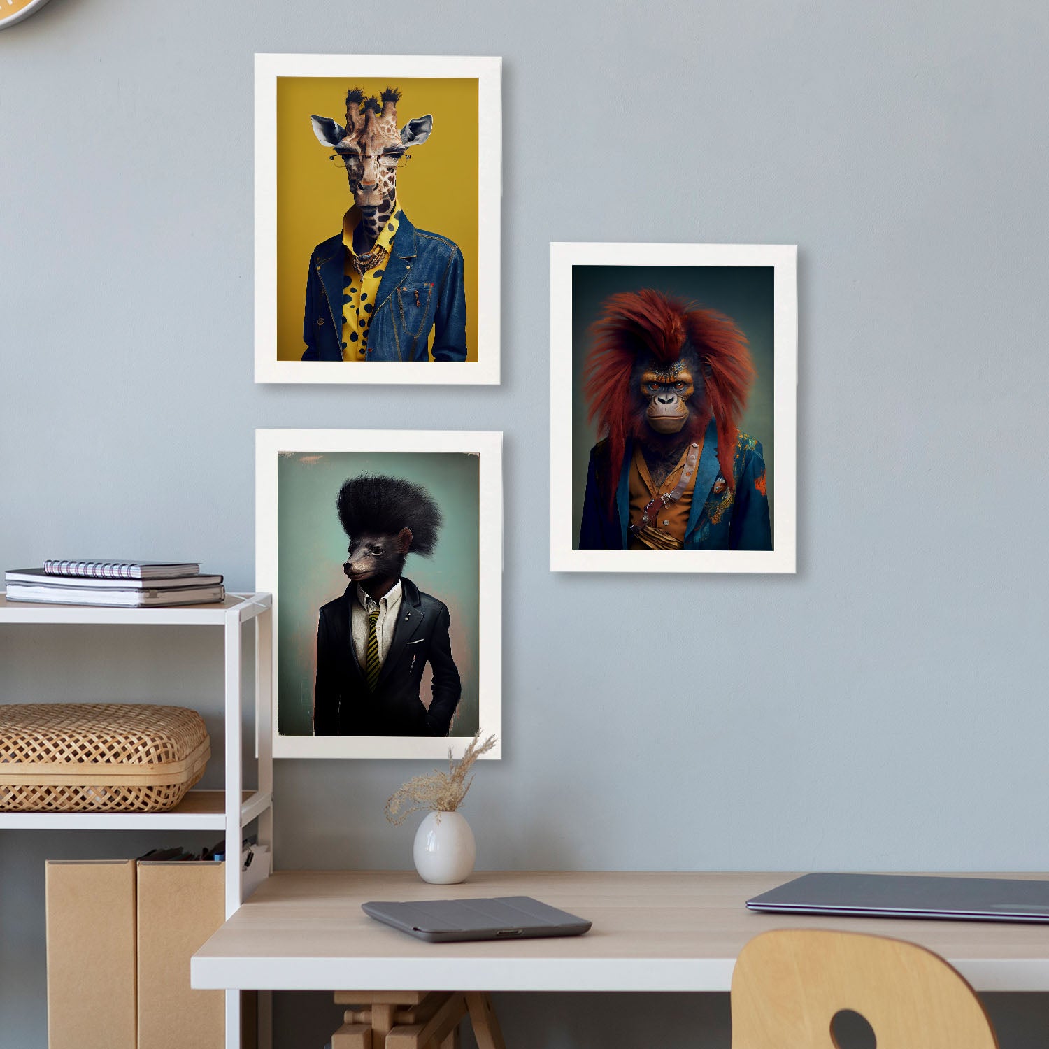 Girafa de animales humanos nacnic orangután skunk estampados de arte para el diseno de dormitorio o sala de estar marco madera clara - a4