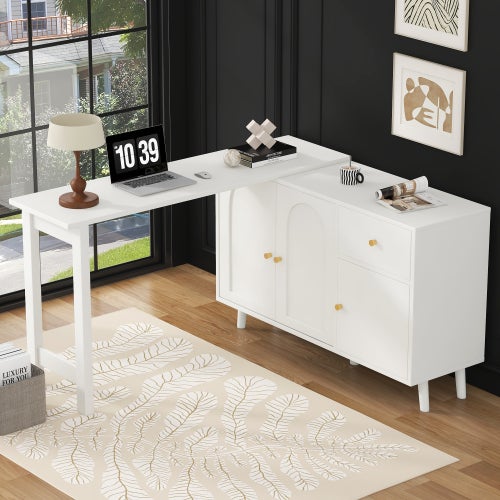 Bureau d’angle pivotant 360° en MDF – 3 portes – 1 tiroir – blanc - 4