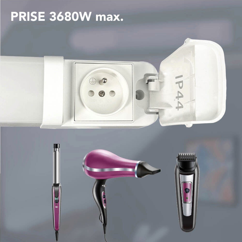 Applique miroir LED blanc + prise, 10W, 900lm, IP44, 3000 à 6500K, inter. tactile, garantie 5 ans - Tibelec - 2