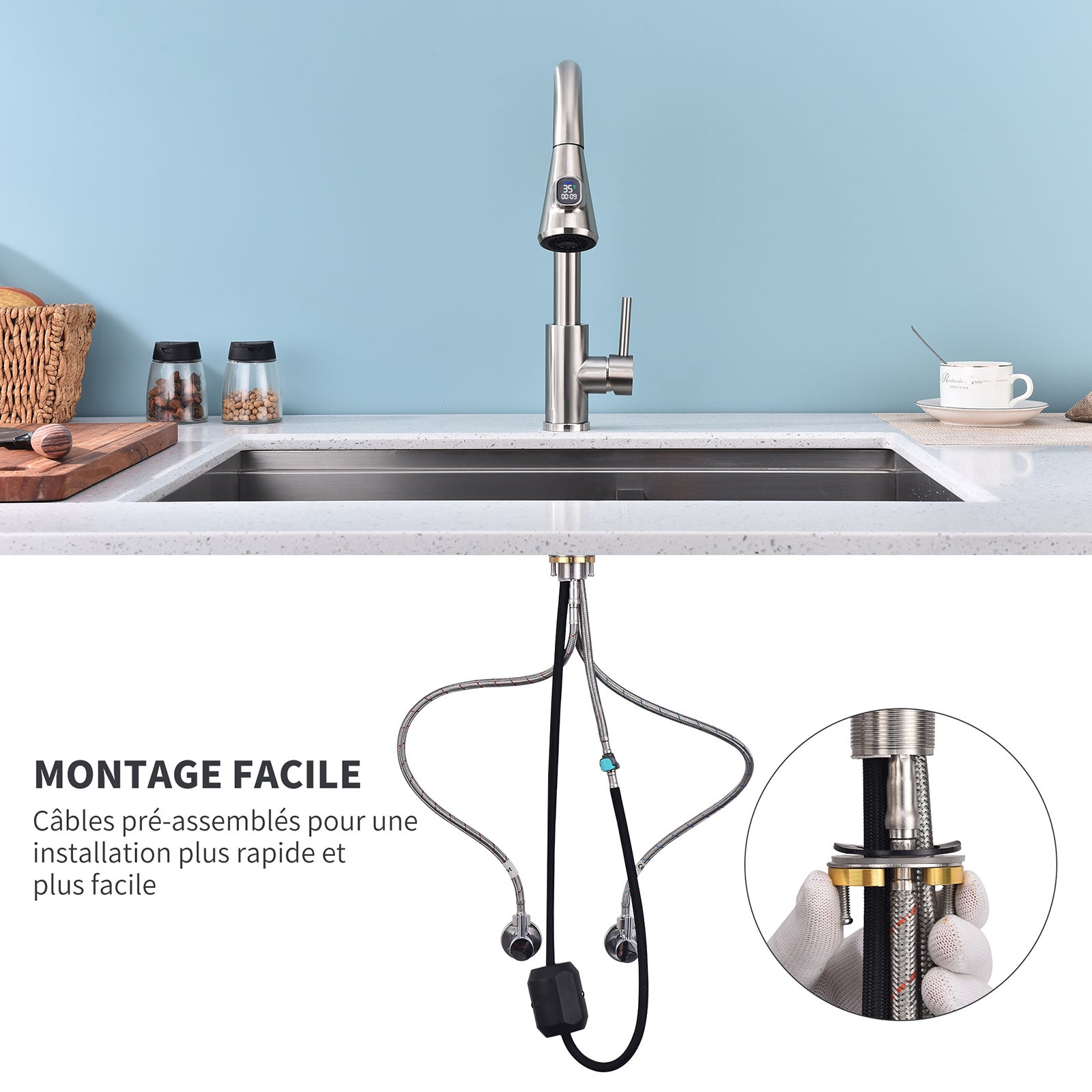 Mitigeur Cuisine en Inox avec Affichage Température LED, Robinet Évier Brossé Pivotant à 360° avec Douchette Extractible et 2 Modes de Jet - 7