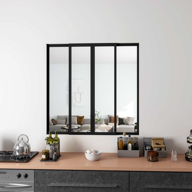 Verrière atelier coulissante en alu noir, 123 x H.108cm, 4 vitrages ( 2 fixe + 2 mobile ) clairs inclus, en kit complet