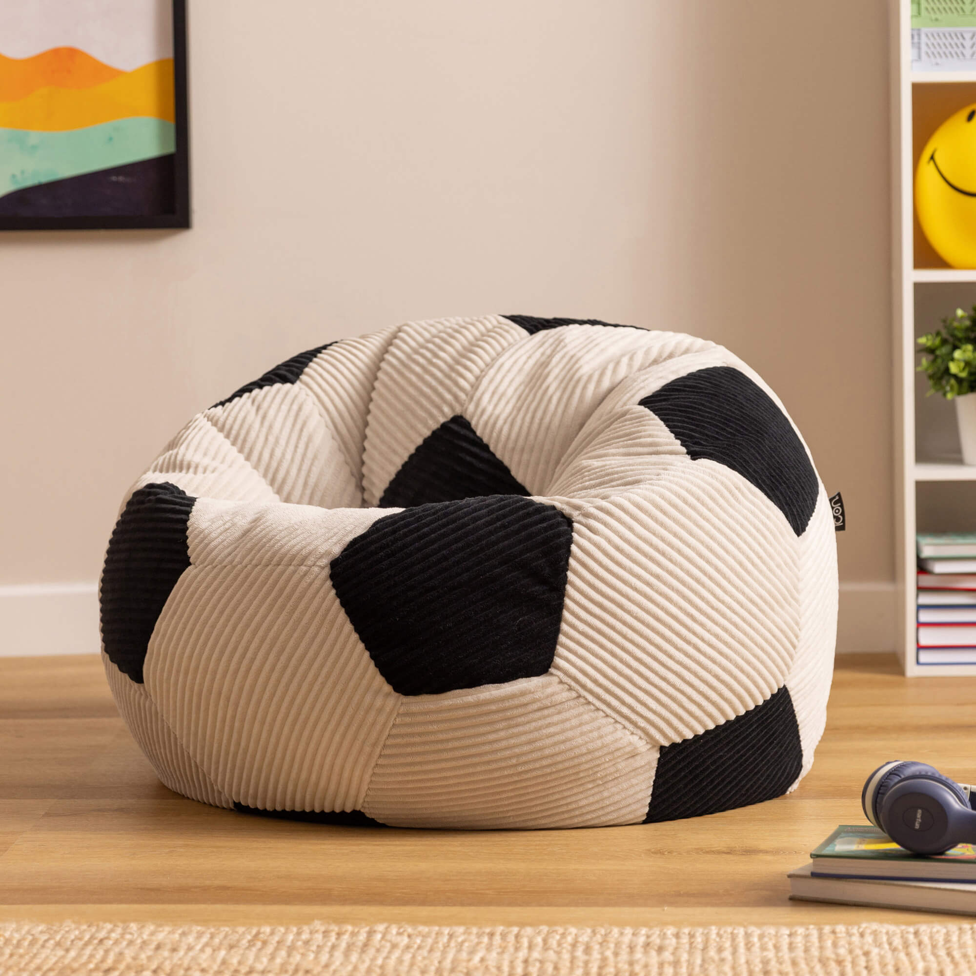 Pouf fauteuil classique large enfant en velours côtelé imprimé football, noir, chambre, salon, 76x76cm Oeko-Tex® - 2