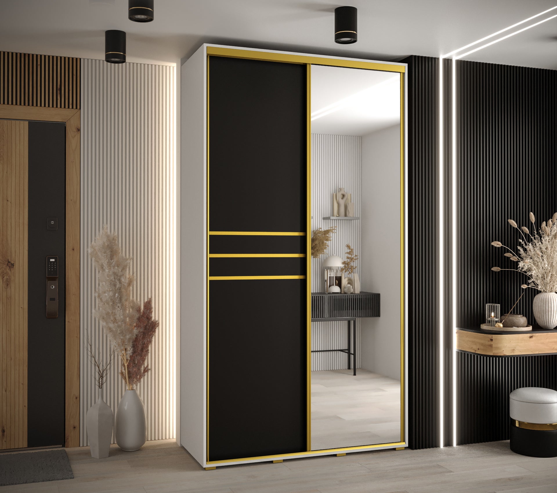 Szafa przesuwna z lustrem wysoka Davos 11 130 x 45 x 235,2 cm biały + czarny + u. złoty - Abiks Meble - 2