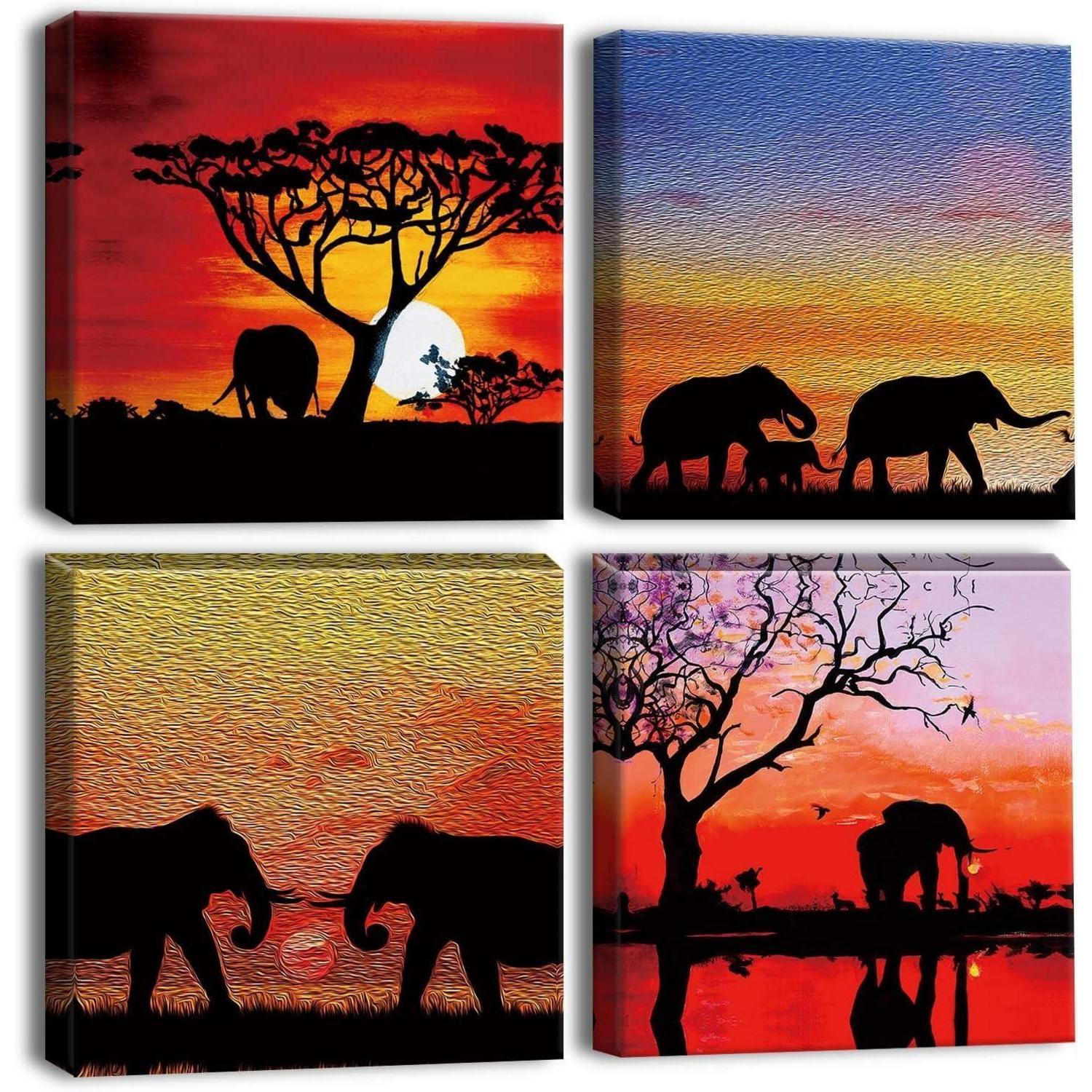 Toile imprimée 4 panneaux coucher de soleil éléphants d'Afrique 30x30 ...