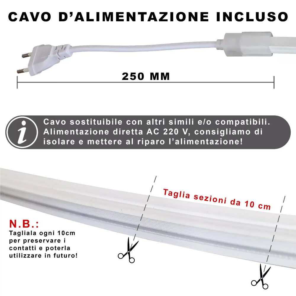 Striscia LED SMD 2835 120D Impermeabile IP65 220V per Profili da 10mm Flessibile Resistente potente per Interni ed Esterni BIANCO NATURALE 4000K 5MT - 6