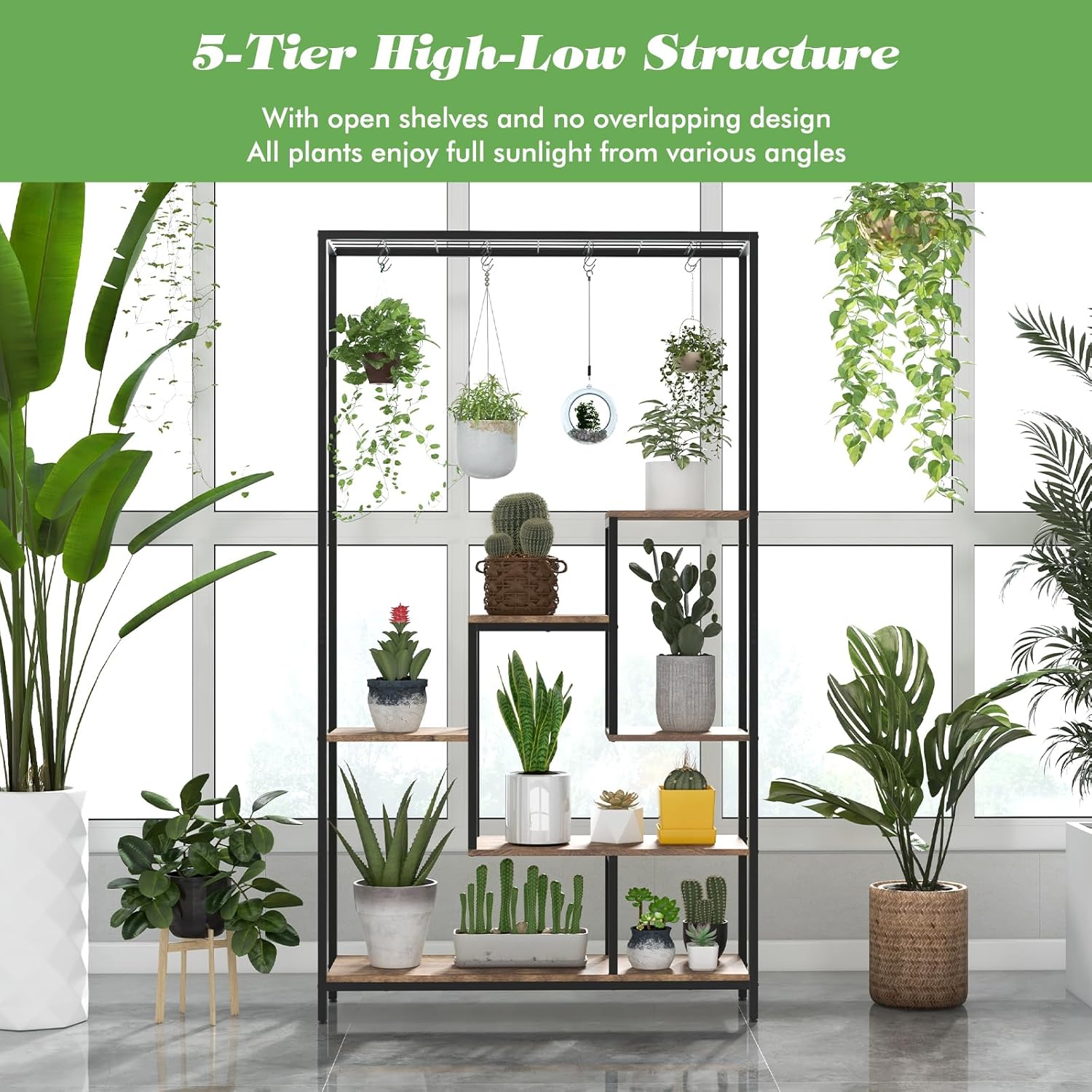 Support pour Plantes Intérieur à 6 Niveaux, Présentoir pour Pots de Fleurs 100x30x180cm , 10 Crochets, Étagère à Fleur Style Industriel, Marron - 3
