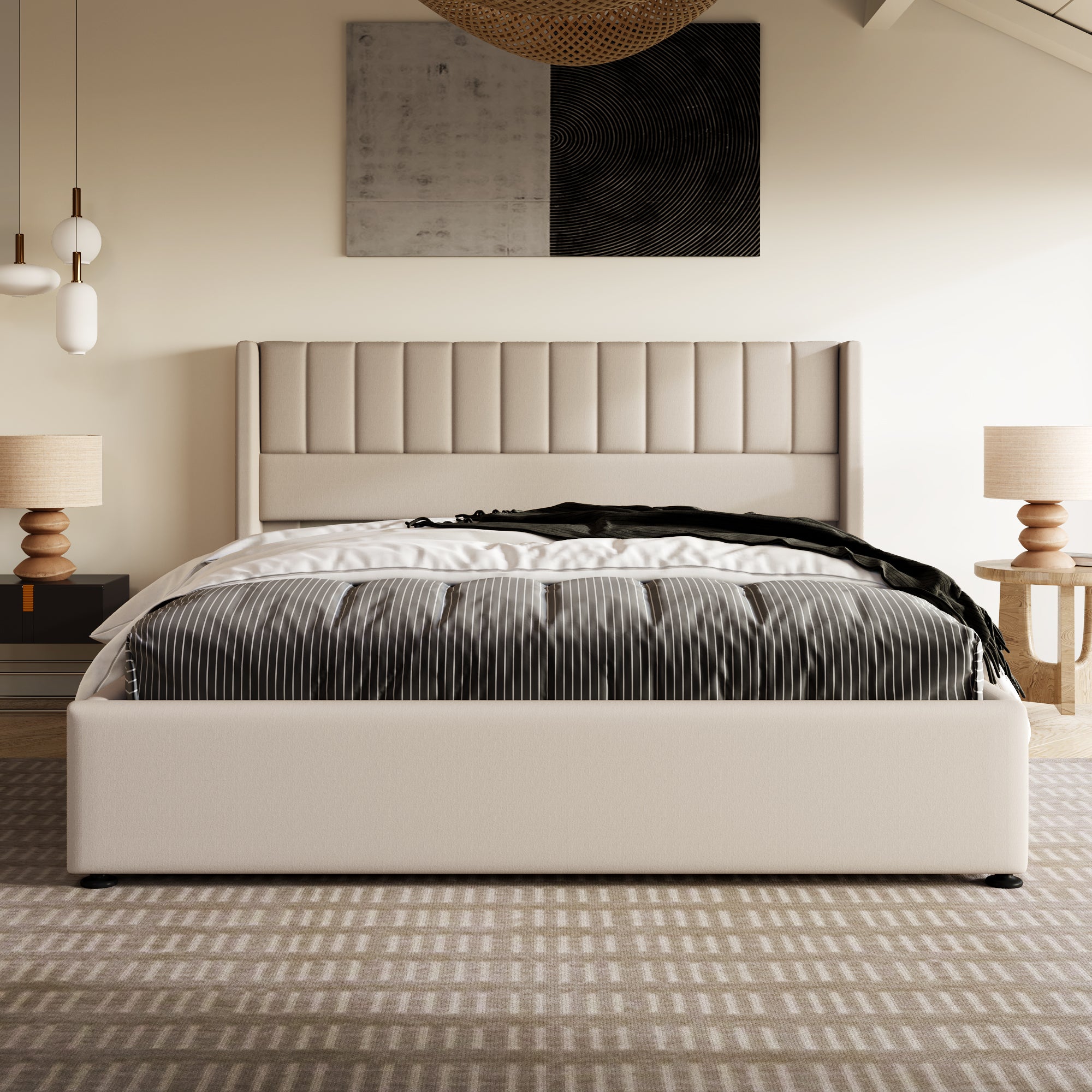 Cama estofada com arrumação 140x200cm em linho com base de ripas - Bege - 2