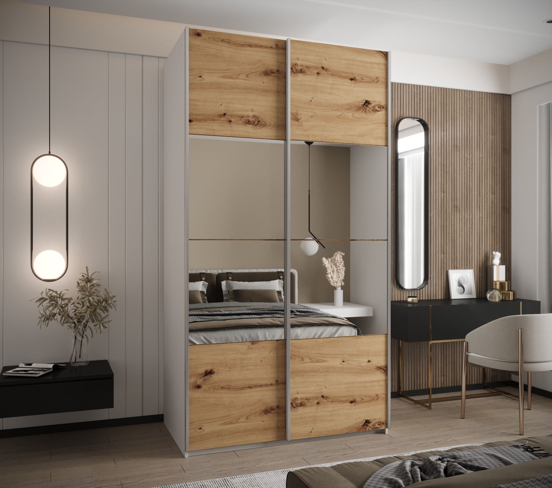 Szafa przesuwna wysoka Lux 4 130 x 64 x 245,5 cm biały + artisan + u. srebrny - Abiks Meble - 2