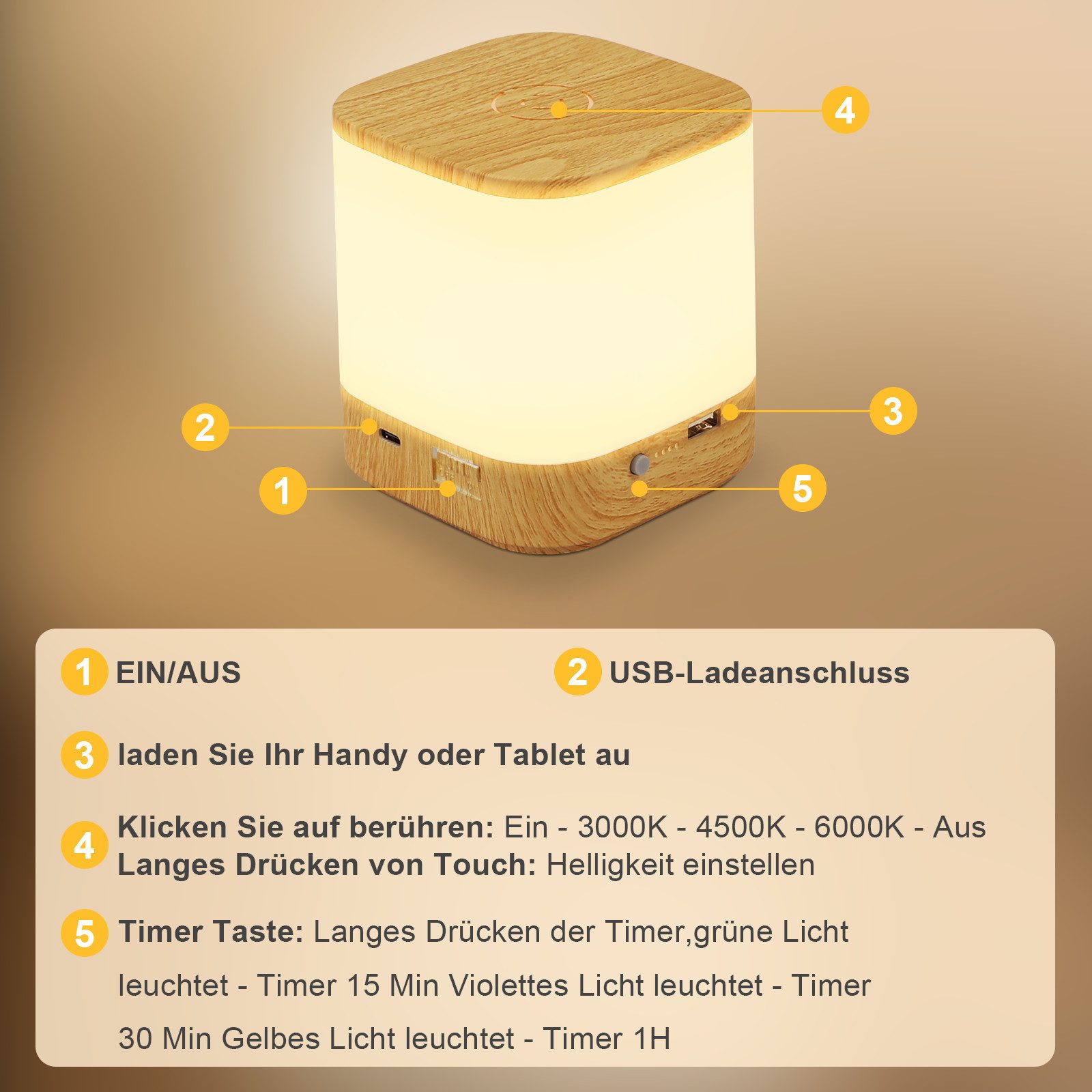 Lot de 2 lampes de table LED NETTLIFE avec 3 températures de couleur, lampe de chevet, batterie 3600 mAH, chargement USB - 6