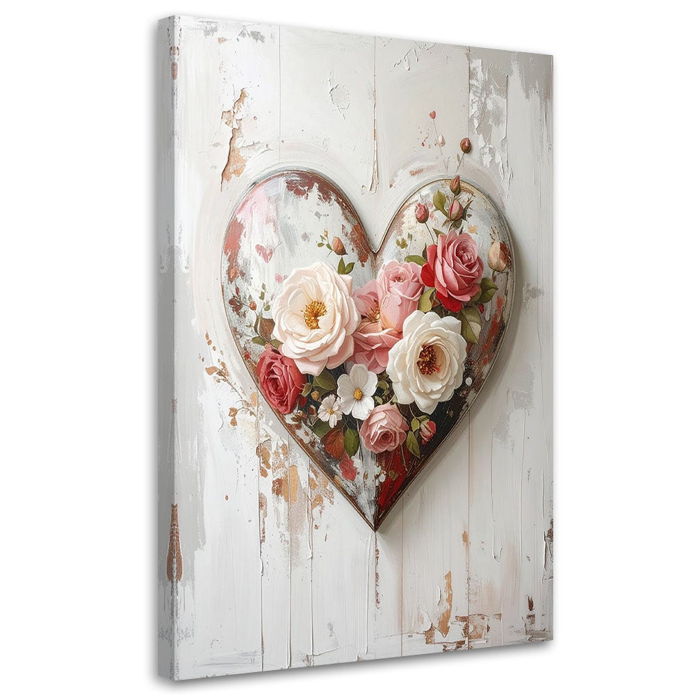 Obraz do salonu sypialni, 3D Serce miłość kwiaty w stylu shabby chic 70x100