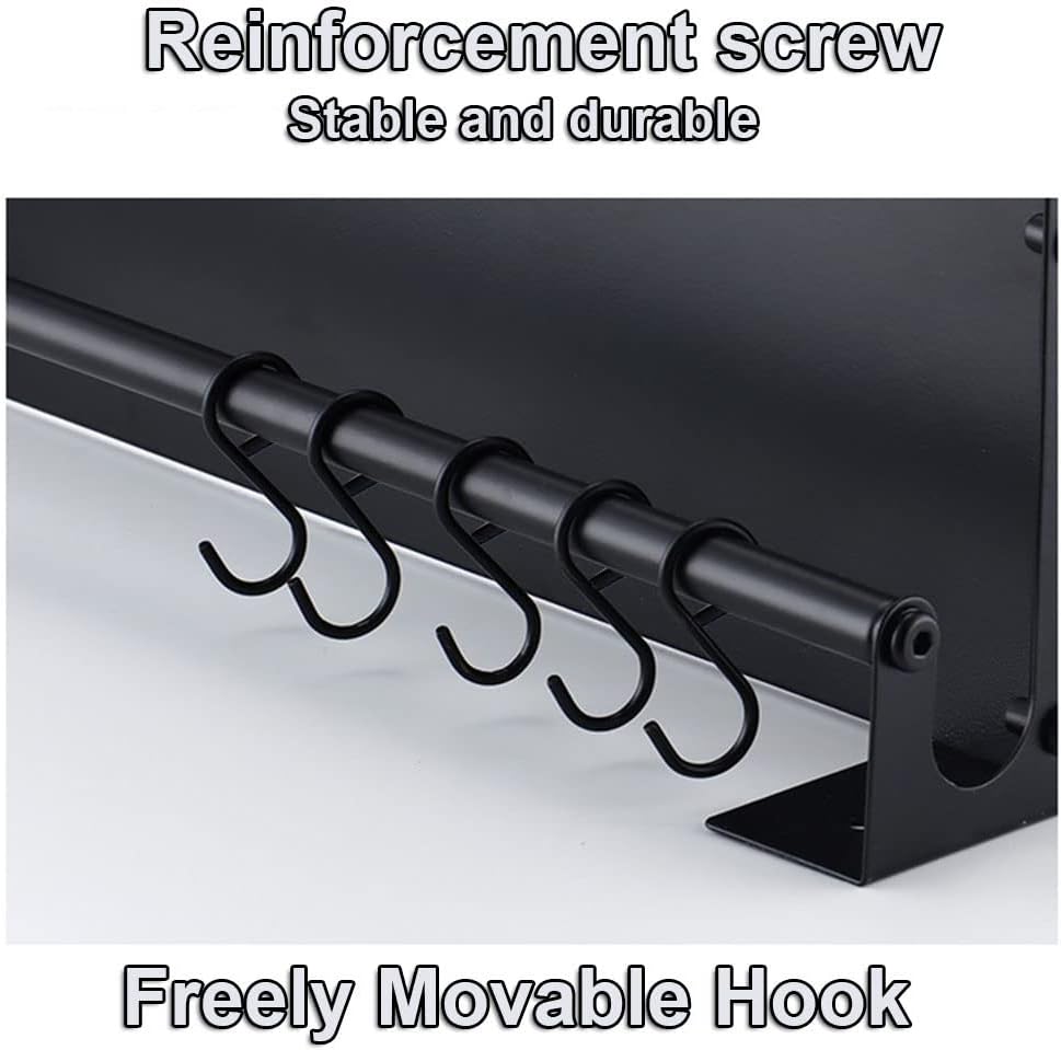 Portautensili da cucina in acciaio inox con 6 ganci, incollato/forato, 2 modalità di montaggio, organizer da parete 40 cm, nero - 5