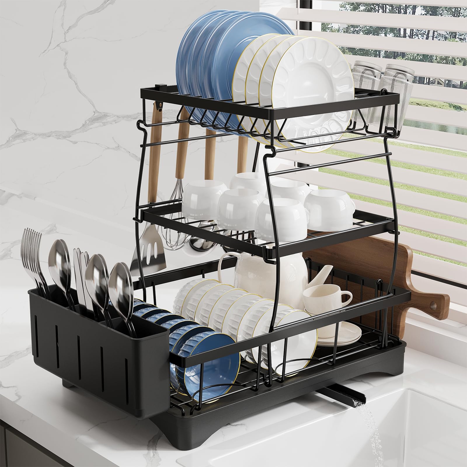 Égouttoir Vaisselle 2 Niveaux INOX Grande Capacité – Égouttoir Sur Évier Avec Porte-Gobelets, Porte-Ustensiles, Bec Pivotant 360° Et Drainage Auto Argenté
