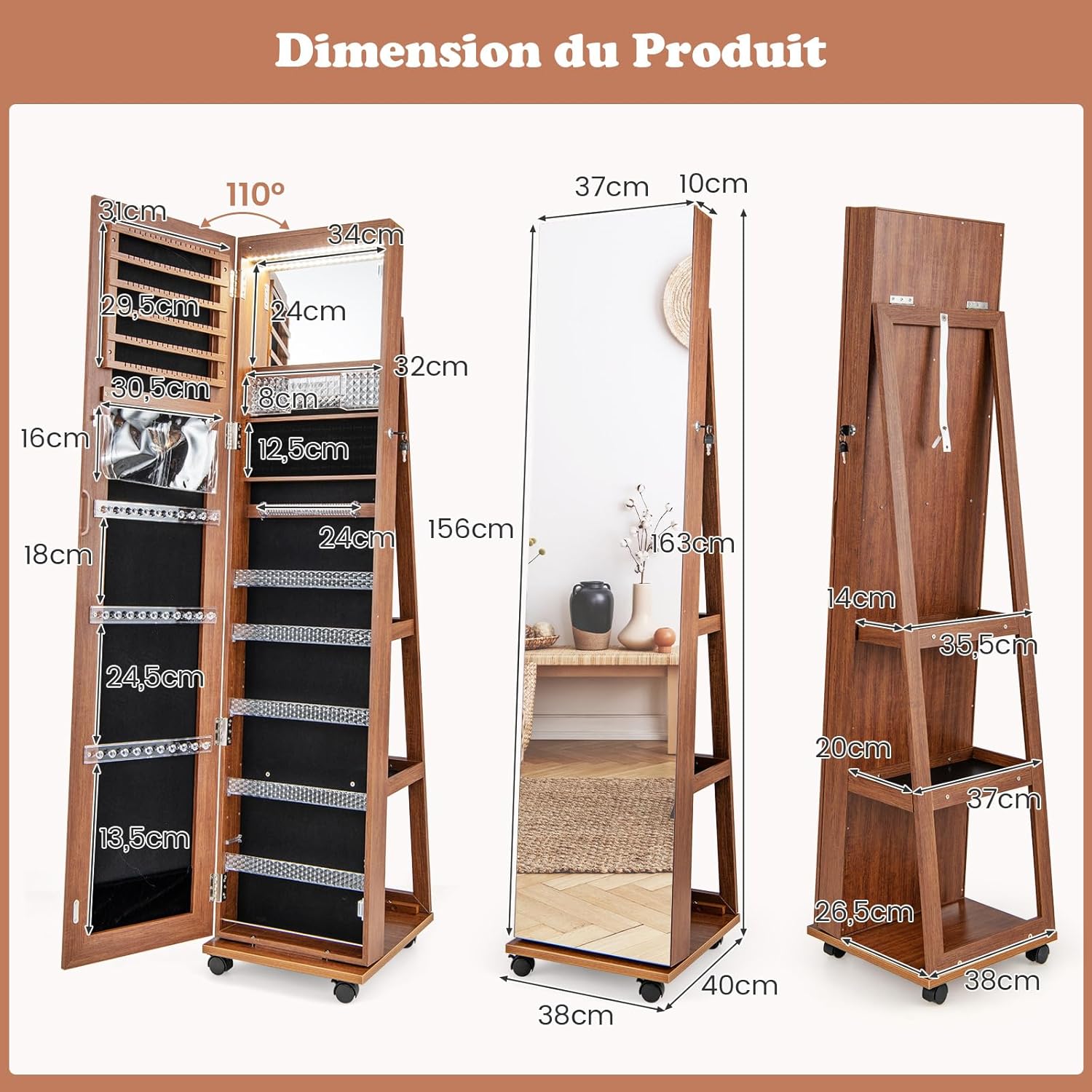Armadio Portagioie con Ruote, Armadietto Portagioielli con Specchio a Luci 3 Colori, Specchio Portagioie con Ripiani Regolabili, Organizzatore - 2