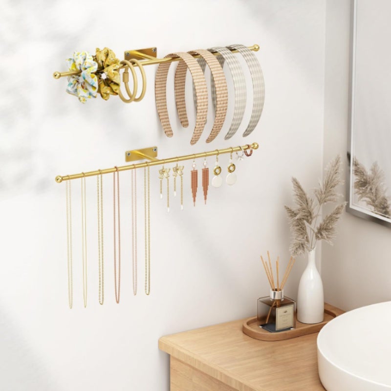 MINICLOSS Organisateur mural pour bijoux, présentoir doré pour lunettes, lot de 2 présentoirs muraux modernes pour salle de bain. - 8