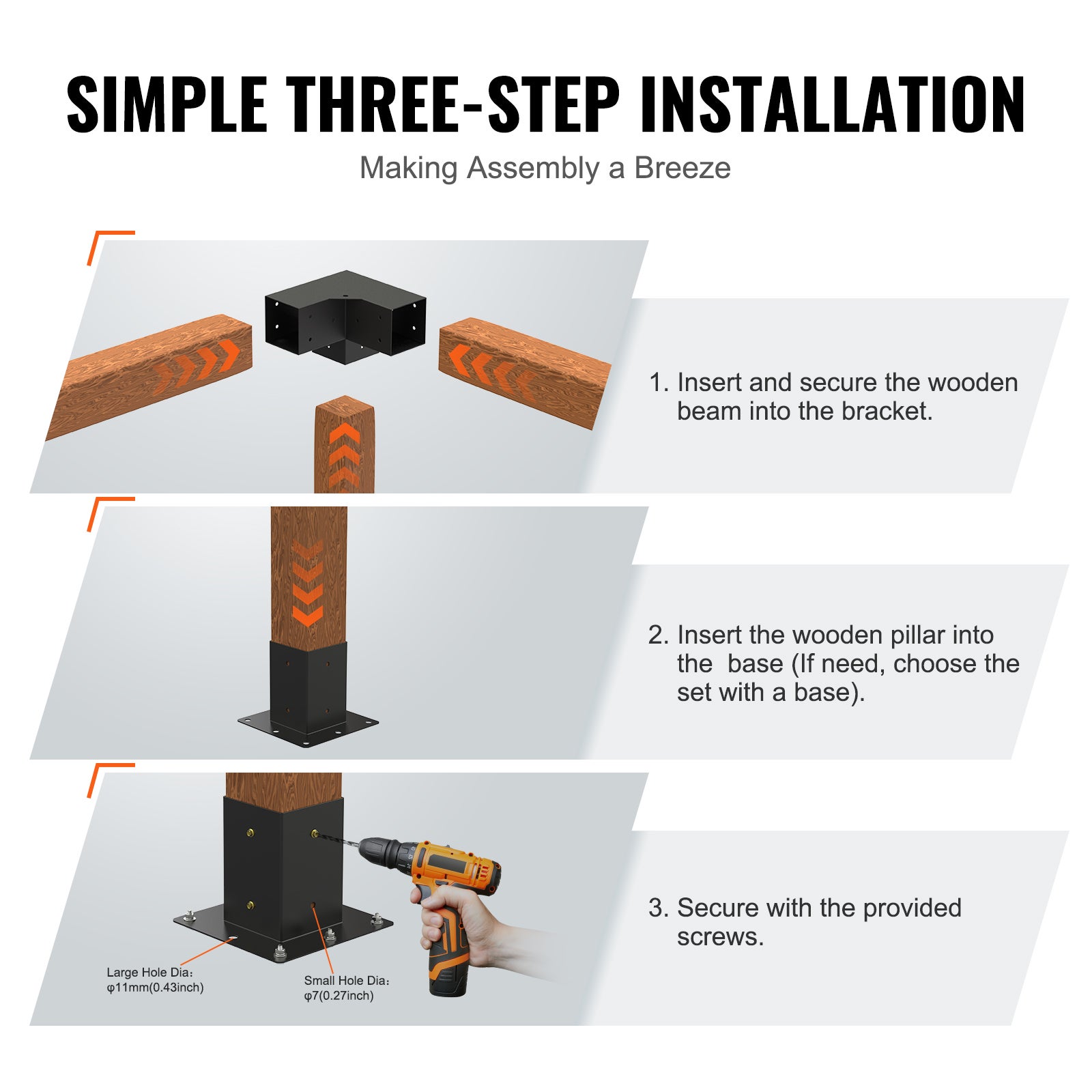 Kit Supports de Pergola VEVOR 4x4 po 10x10 cm Support de Poteau Bois de Menuiserie 4 Supports deAngle a 3 Voies Base de Poutres Quincaillerie Bricolag - 6