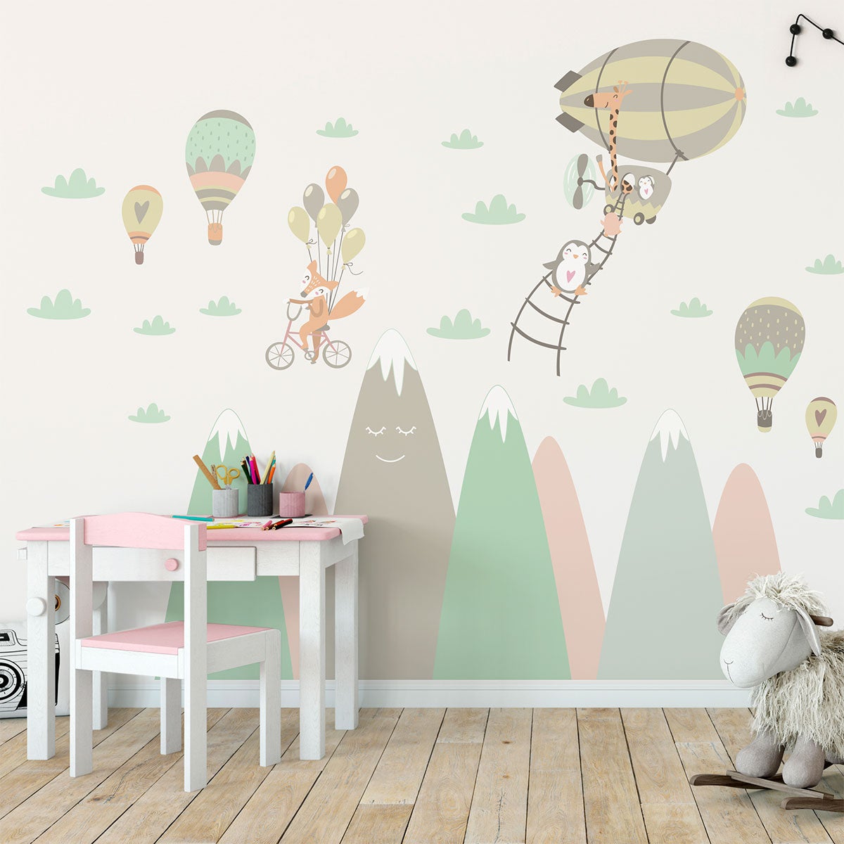 Vinilo niño escandinavo de montaña jugadores animales - adhesivo de pared - revestimiento sticker mural decorativo - 100x150cm - 5