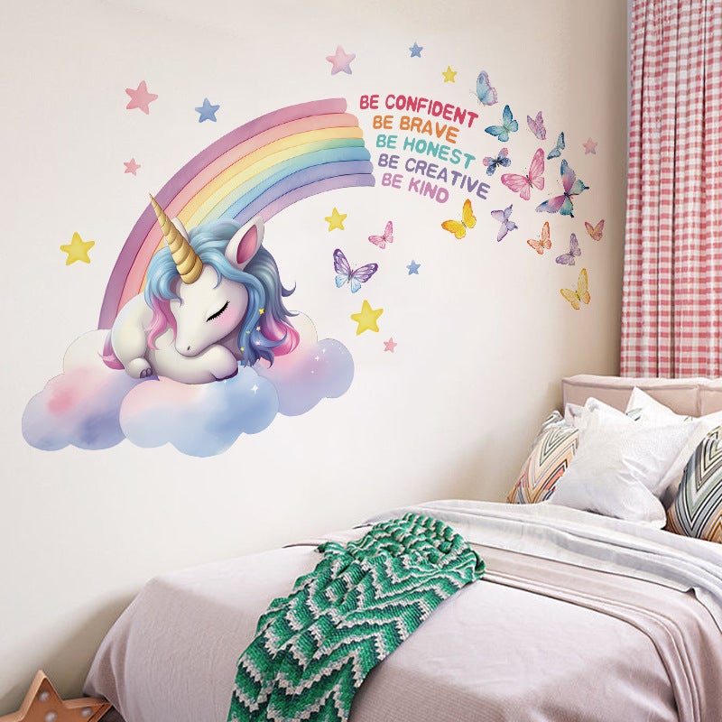 Autocollant Mural Inspirant et Coloré avec Licorne Arc-en-Ciel, Nuages et Papillons, Stickers Muraux à Décoller et Coller - 5