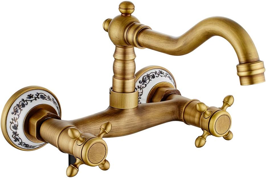 Antyczny kran kuchenny montowany na ścianie, bateria mieszaczowa w kolorze brązu w stylu vintage, obrotowy 360°, z podwójnym sterowaniem, śliwkowy uch