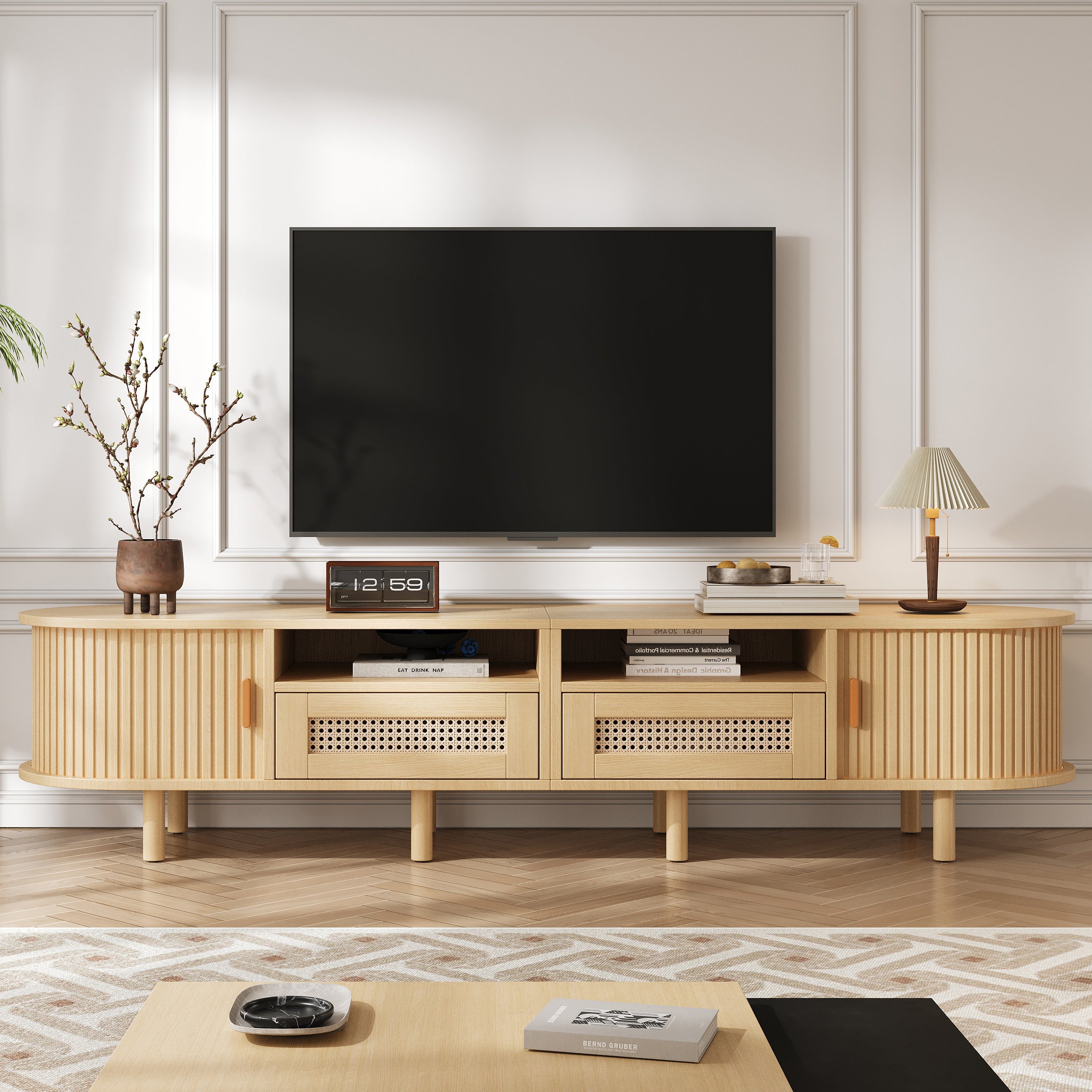 Mobile TV Azkoeesy Con LED E Ante In Vetro | 170 Cm, Bianco E Oro, Effetto Marmo | 4 Cassetti