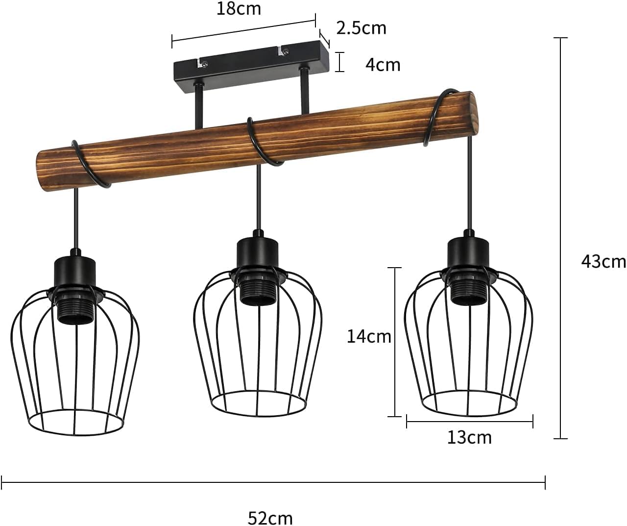 Nettlife Plafonnier vintage en bois pour salon&nbsp;: Lampe de cuisine en métal noir à 3 lumières, style industriel, douille E27, Ampoules non incluses - 4