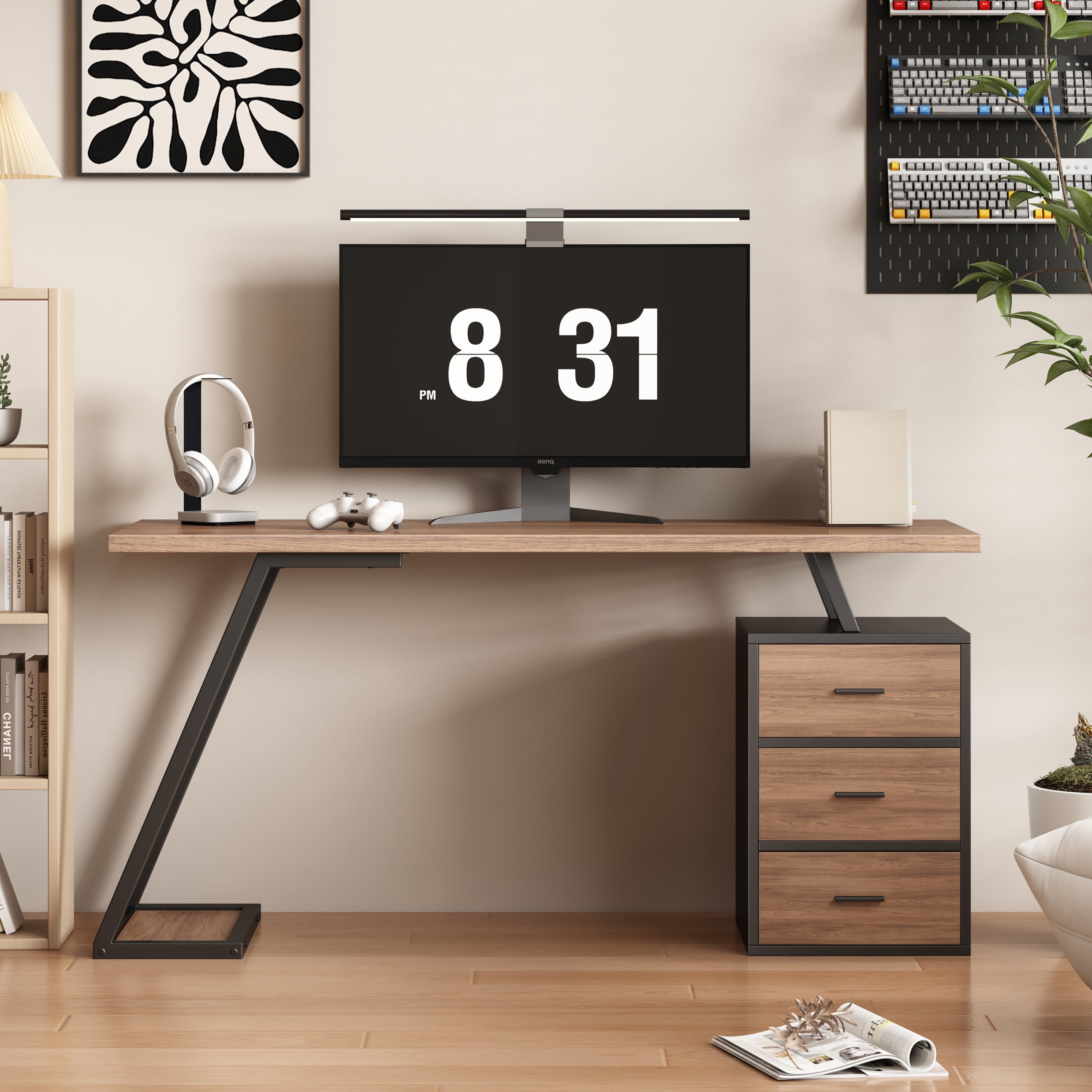 Biurko 140*60cm - styl industrialny - z podstawą pod komputer i wyjmowaną szafką - brązowe