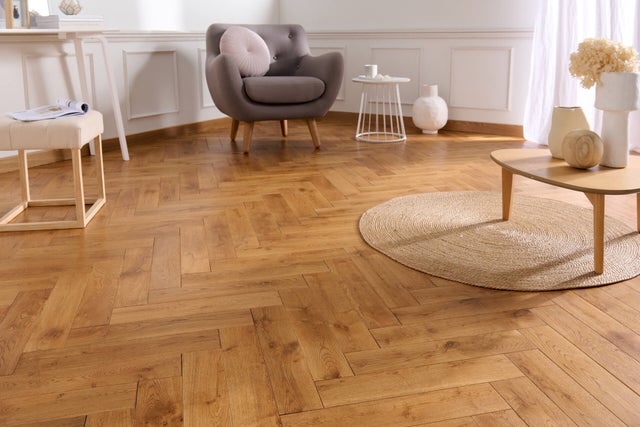 Parquet bâton rompu en chêne massif - Ep. 15mm x l.90 mm - Coloris Fumé