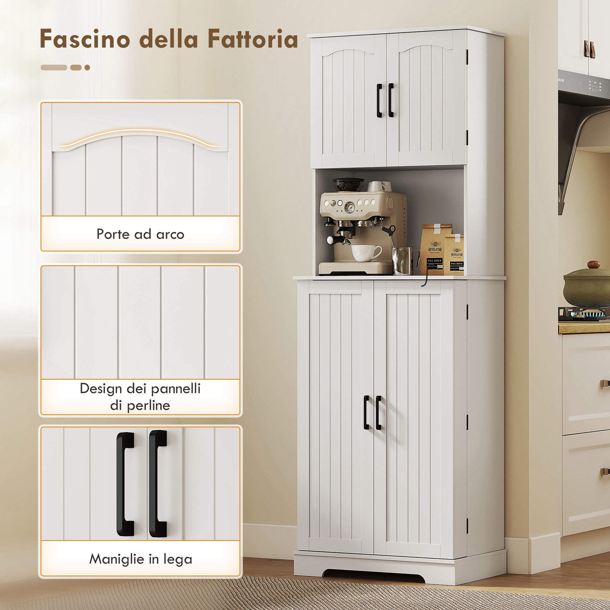 Meuble de cuisine de 181,5cm de haut,avec 8 étagères à épices sur la porte,4 portes,étagères réglables,support pour micro-ondes,blanc. - 8