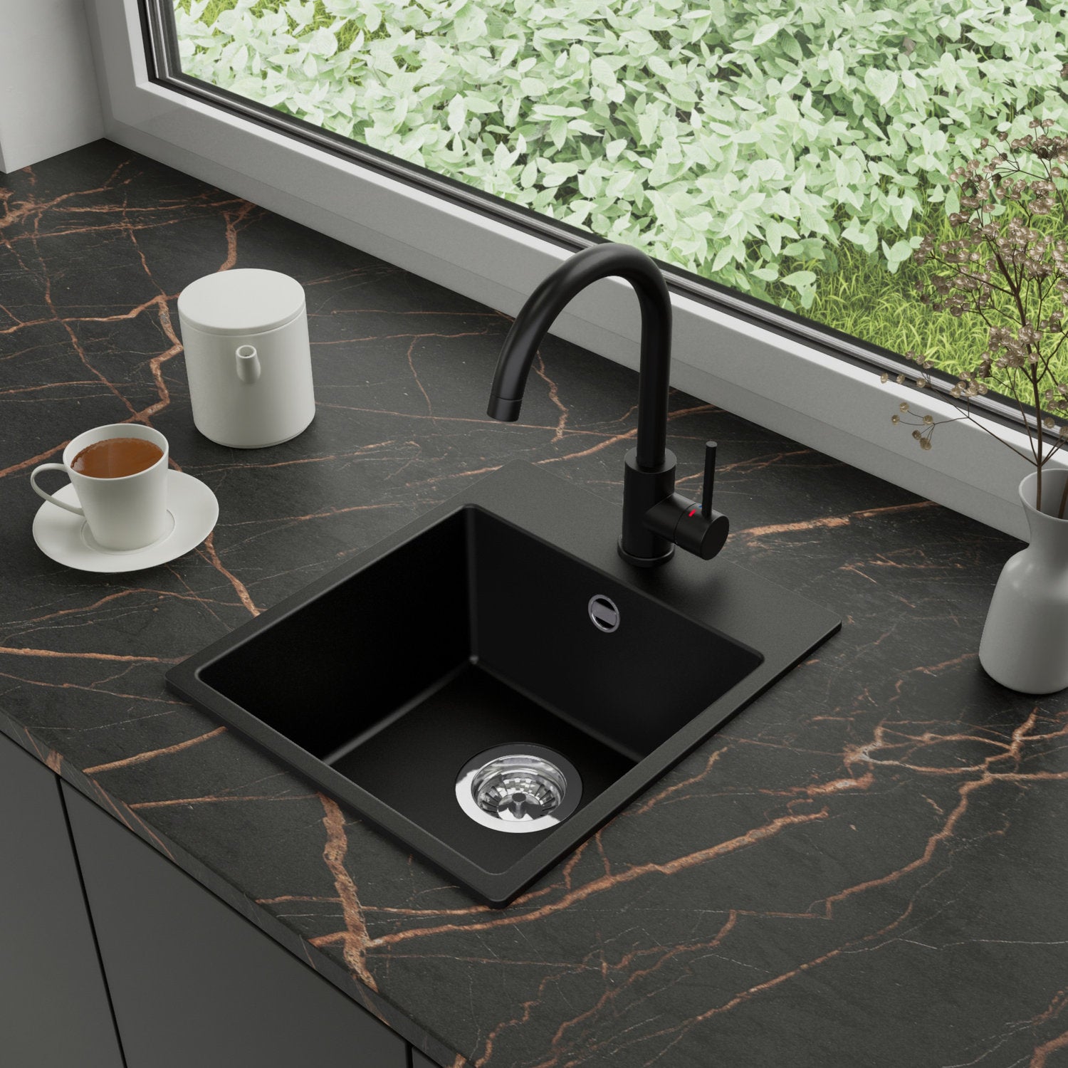 Zlewozmywak Granitowy 38x44cm, do szafki od 40cm + Bateria + Syfon - Amber Czarny STONESTYLE
