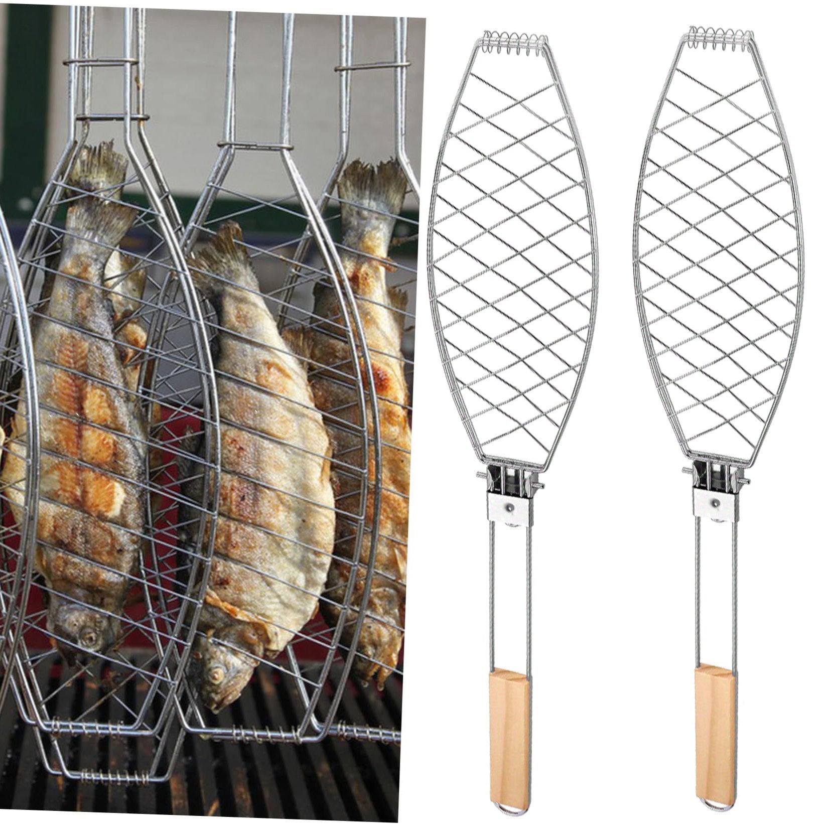 2 kosze do grillowania ryb, ze stali nierdzewnej, idealne do pieczenia całych ryb, na grillu kempingowym