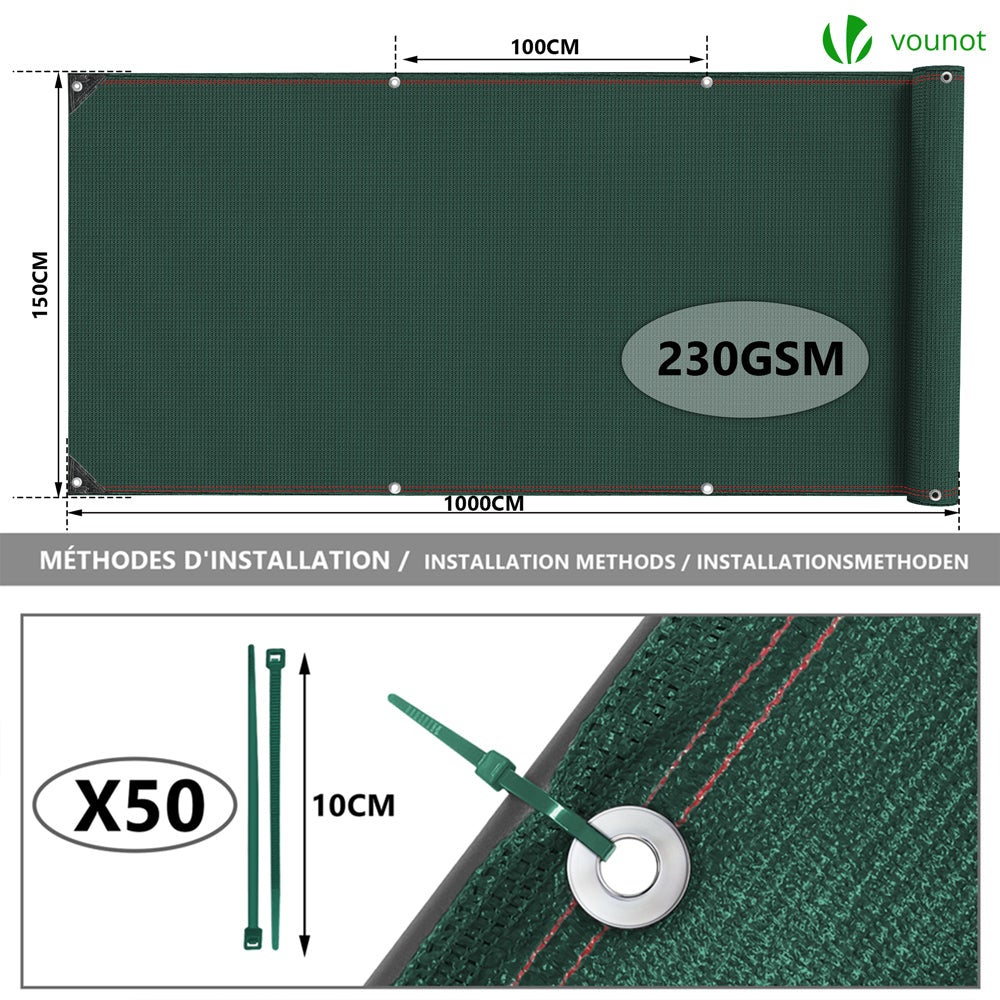 Brise vue occultant en HDPE 230g/m² 1.5x10m avec attaches de fixation vert VOUNOT® - 2