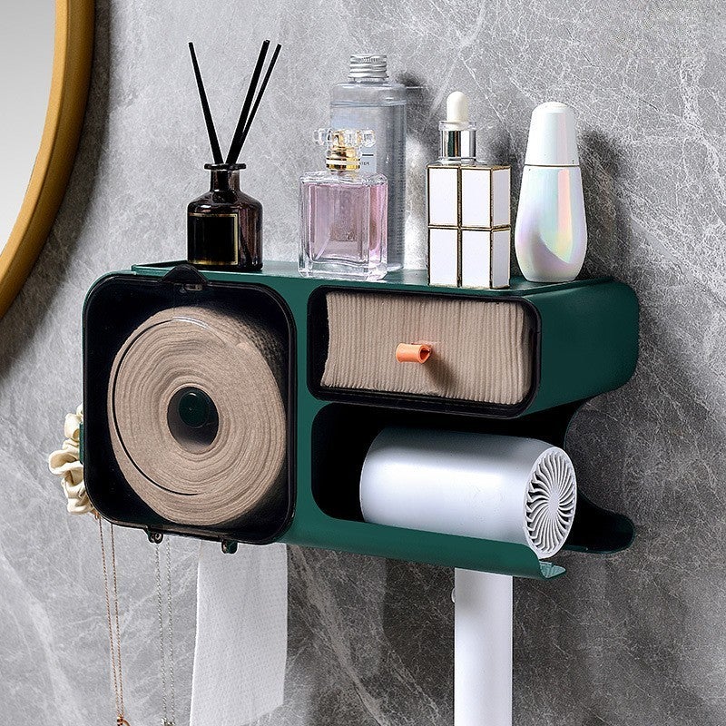 Suszarka do włosów, półka ścienna do łazienki, bez otworu, uchwyt na chusteczki, ciemnozielony, 34*17*13 cm