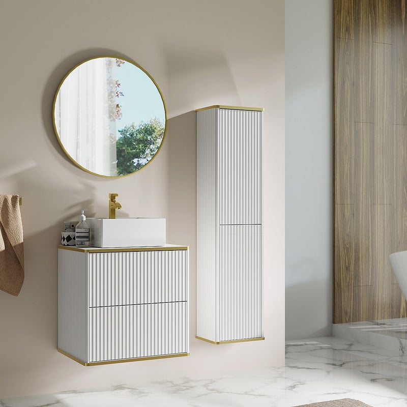 Podwieszana szafka łazienkowa prążkowana ze złotą lamówką - Biała - H140 cm - KELIZA