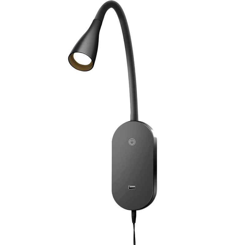 Dotykowa lampka nocna LED montowana na ścianie, z regulacją jasności (czarna), lampka LED na wezgłowie z portem USB i elastyczną szyjką, 4 poziomy ja