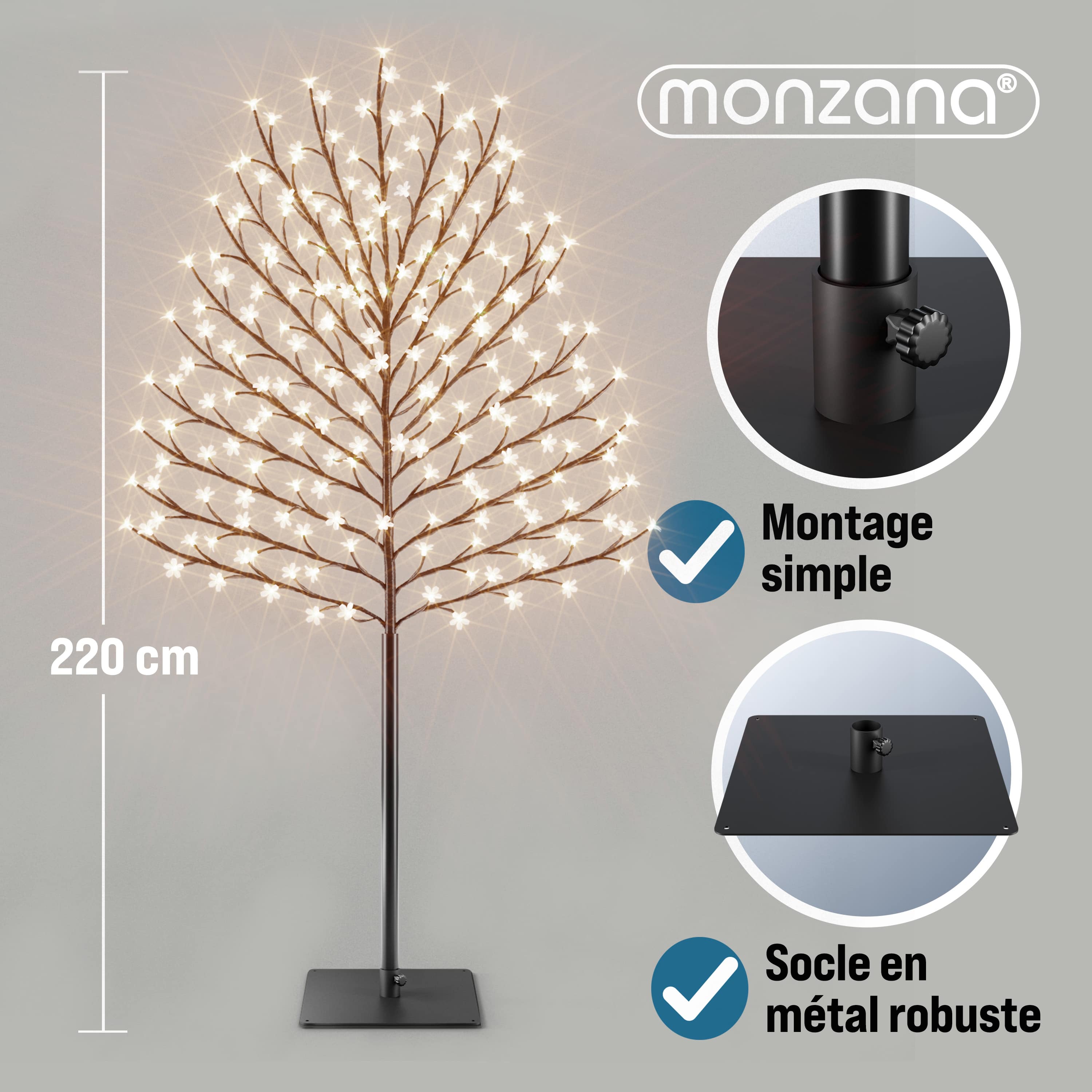 MONZANA® Arbre lumineux 220 LED 220 cm minuterie 8 modes de lumière résistant aux intempéries décoration Noël cerisier - 2