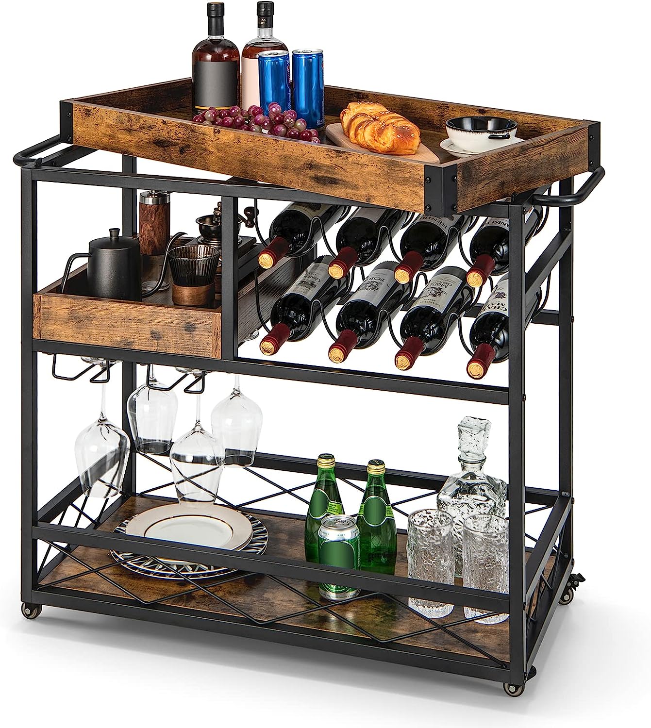 Carrello 3 Piani Mondeer Per Cucina - 60x40x78.5 Cm, Telaio Metallo, Ruote E Corrimano, Facile Da Montare - Foto 5