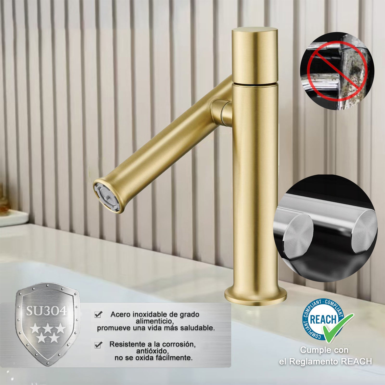 VICTOVA Grifo de lavabo monomando giratorio con altura ajustable de acero inoxidable dorado cepillado - 6