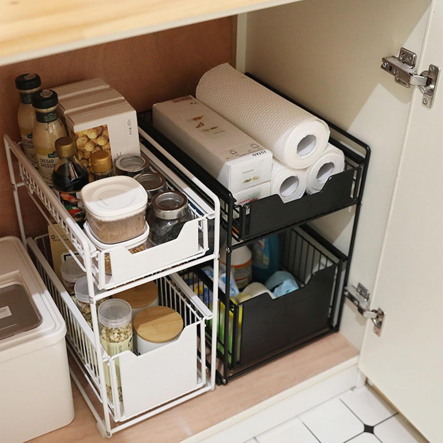 Organiseur sous évier à 2 niveaux&nbsp;: organiseurs sous évier avec tiroir coulissant&nbsp;– Rangement coulissant pour salle de bain, cuisine, bureau - 4