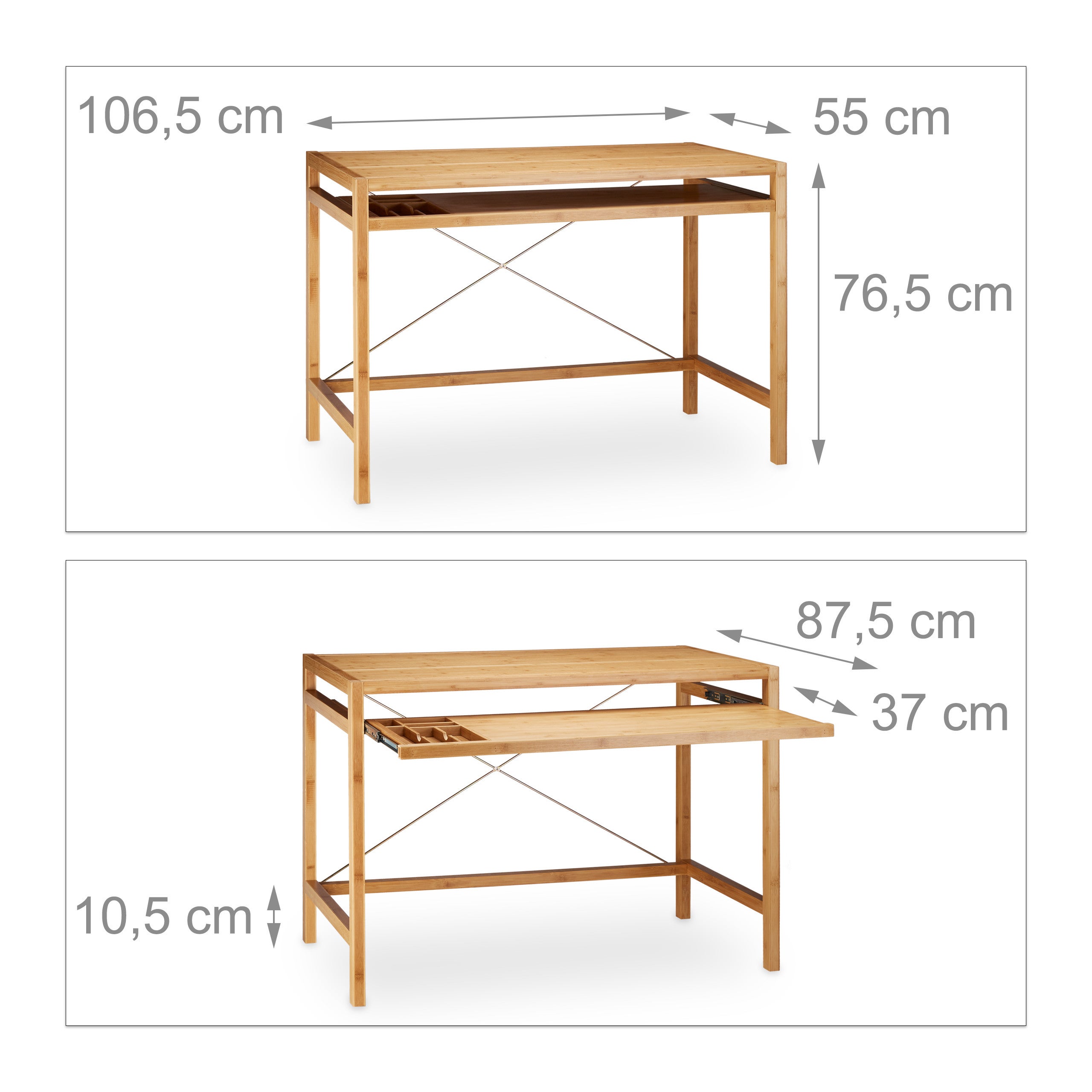 Bureau informatique table ordinateur en bambou emplacement clavier HxlxP: 76,5 x 106,5 x 55,5 cm, nature, Relaxdays - 3