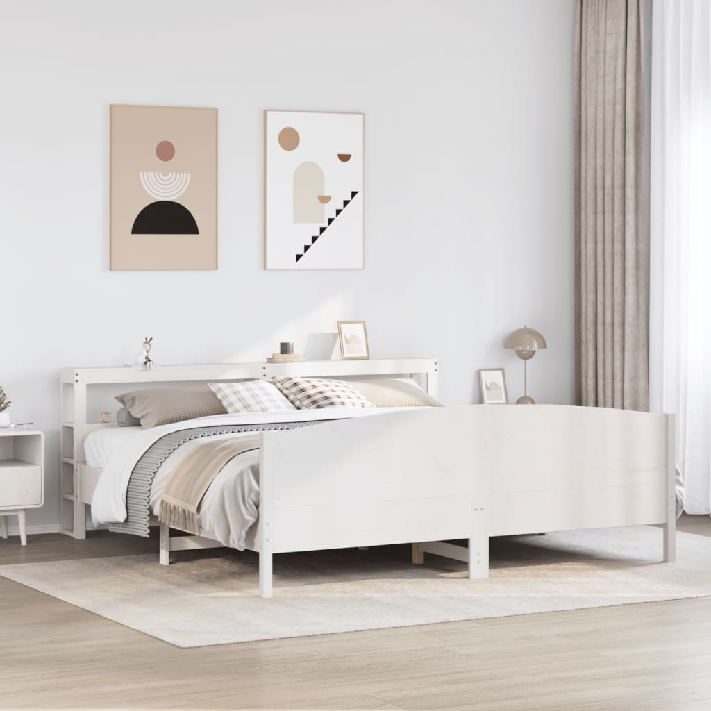 Łóżko Drewniane z Regałem Rama Łóżka Ze Stelażem Biała 180x200 cm