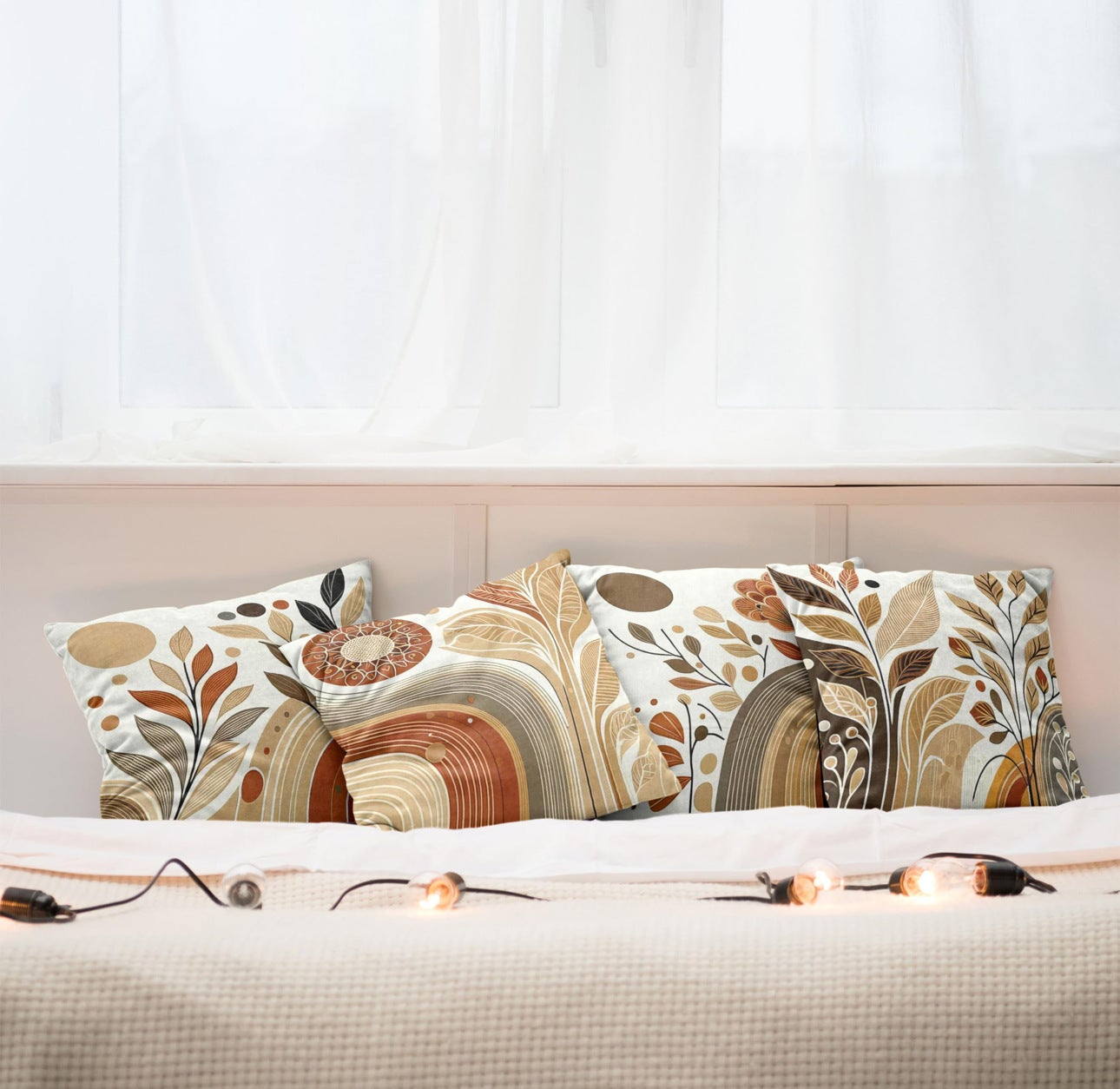 Lot de 4 housses de coussin, bohème abstrait, décoration botanique, taie d'oreiller carrée en lin, décoration d'intérieur 45×45 cm - 5