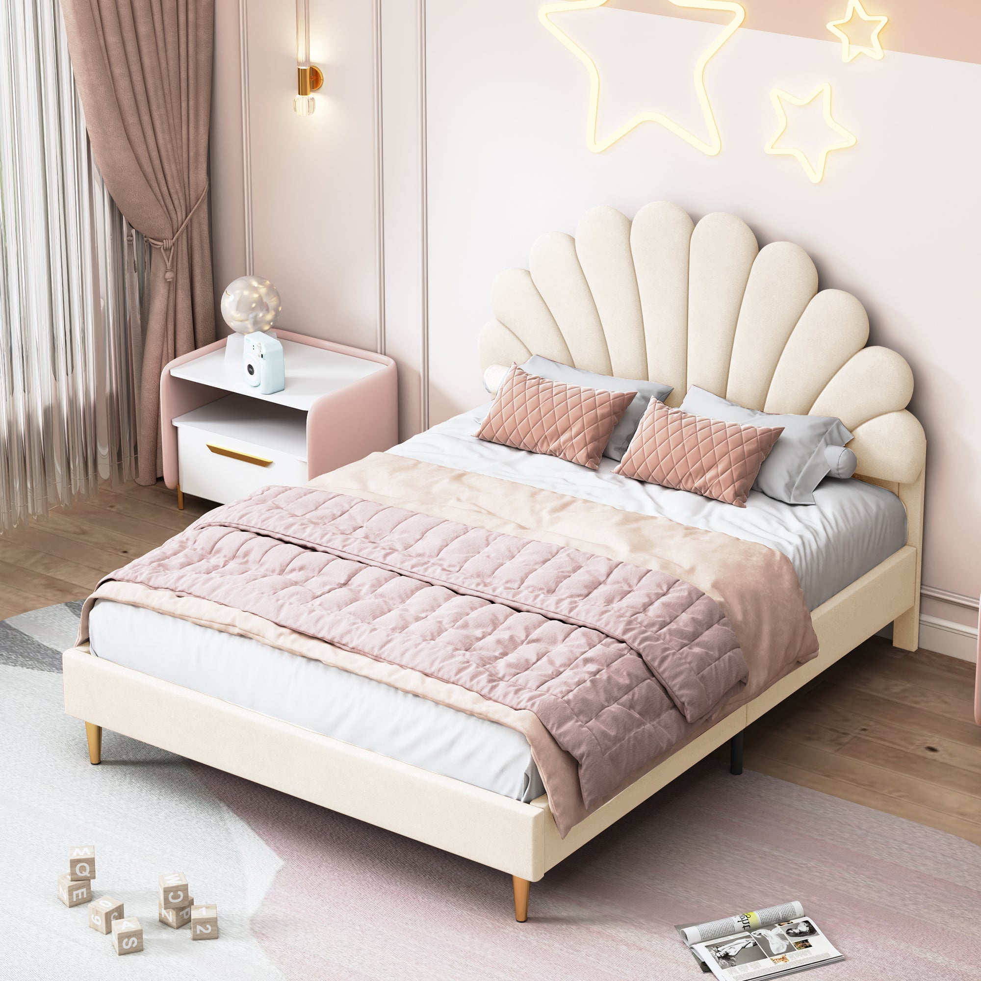 Lit 140x190 cm avec sommier à lattes, COZY, forme de pétale, cadre de lit double, lit enfant, tissu en velours, 140x190 cm, beige - 3