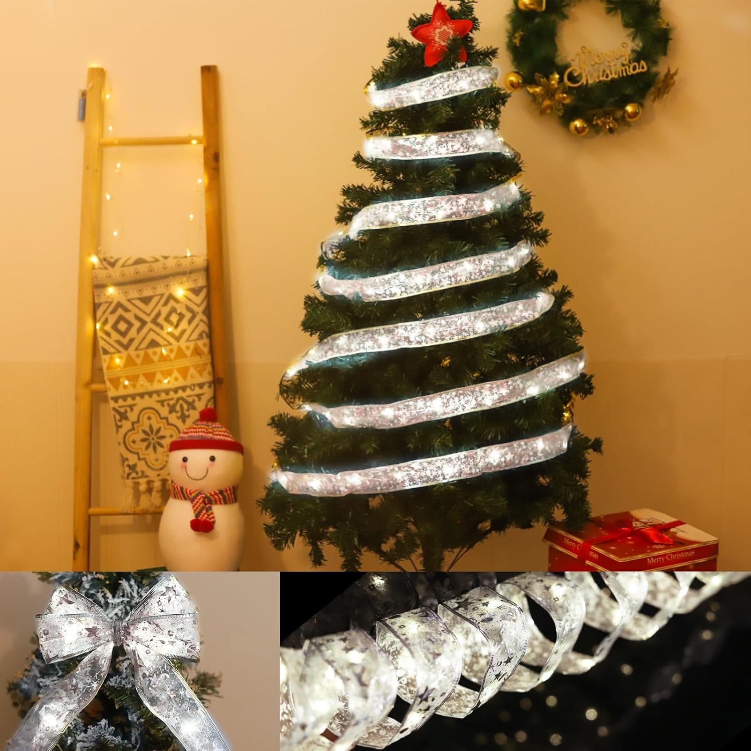 Lampki choinkowe, ozdoby choinkowe, srebrne lampki na wstążce, 10 m lampek choinkowych (ciepłe światło) - 9