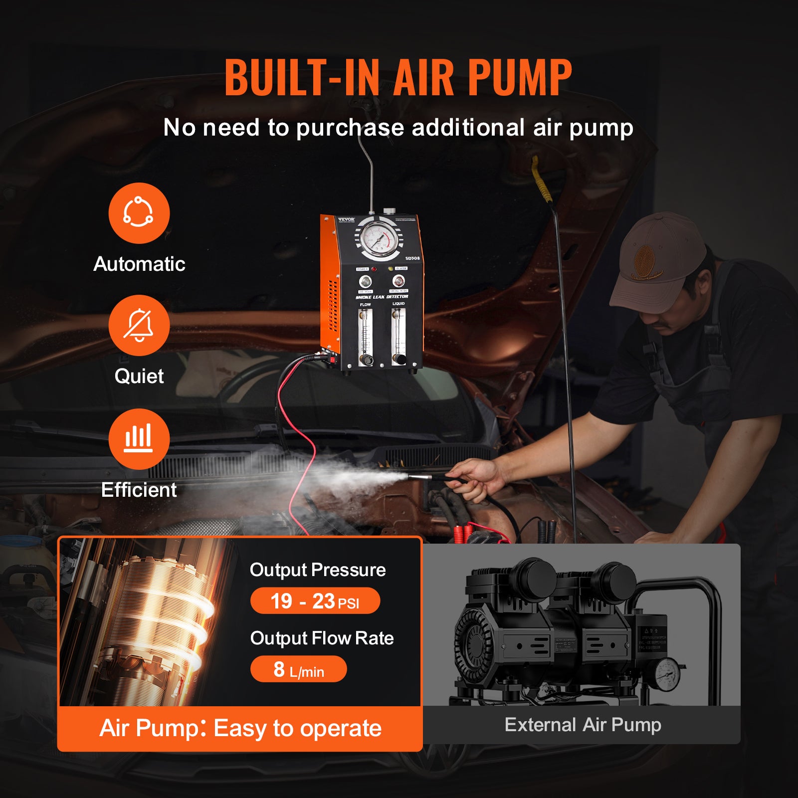 Détecteur fuite carburant,VEVOR 2 modes,avec pompe intégrée,manomètre,niveau d'huile et débitmètre,outil de diagnostic du système d'échappement - 3