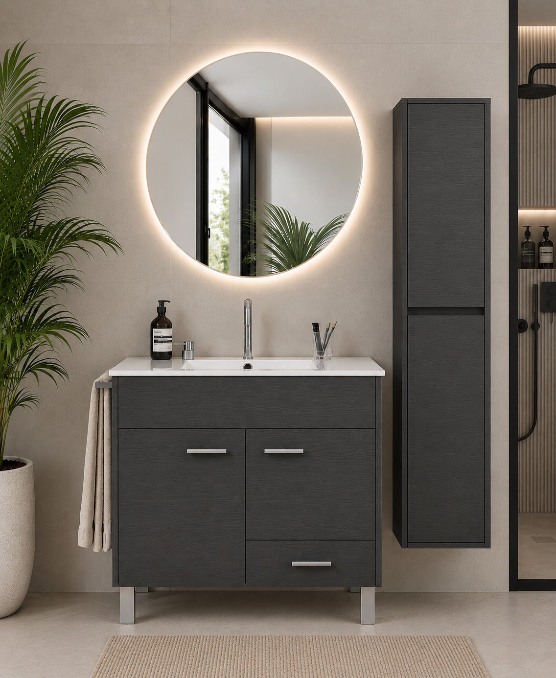 Mobilier de baie cu lavoar ORIGENBATH SAMOS fără oglindă 90x40 cm grafito cu coloană
