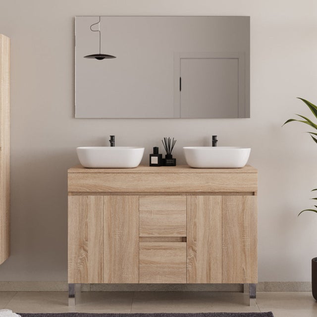 Meuble de salle de bain 120cm sur pieds avec plateau et deux cuves à poser arrondies - portes et tiroirs - cambrian (chêne clair) - HARO