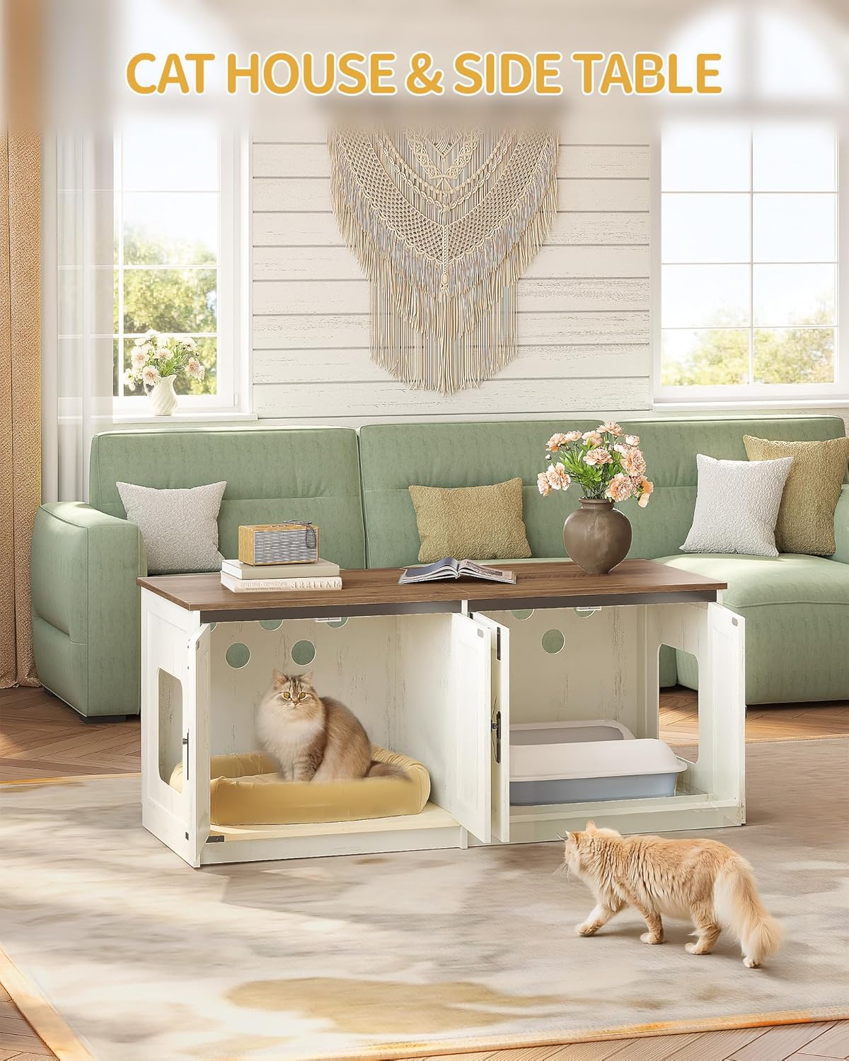 Móvel para Caixa de Areia para Gatos,Armário para 2 Gatos,Móvel Discreto para Sanitário Felino, Casinha Interior para Gatos,Castanho Rústico e Branco - 6