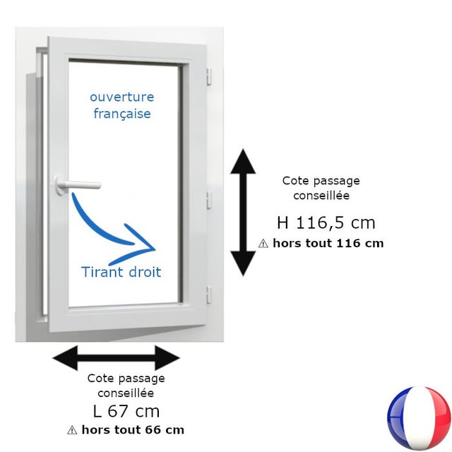 Fenêtre PVC blanc 1 vantail hors tout H 116 x L 66 cm ouverture française avec poignée pour pose rénovation - tirant droit