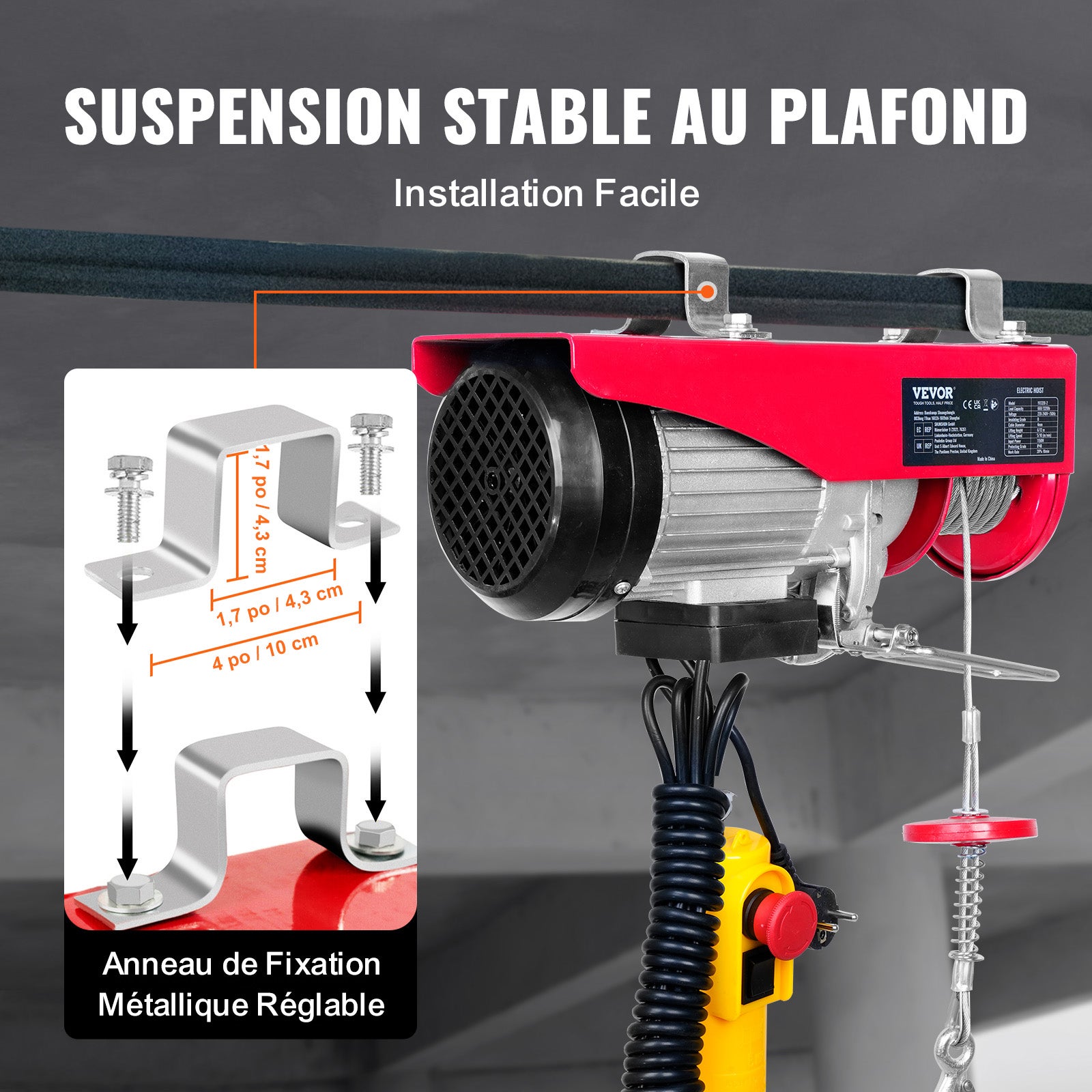 Palan électrique VEVOR Treuil à Câble 600 kg 1150 W avec Télécommande Filaire 4 m, 10 m/min, Câble 12 m, Moteur Cuivre Pur pour Garages et Entrepôts - 6