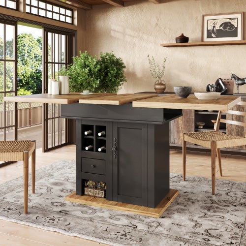 Mesa De Bar Extensible Con Almacenamiento - 125-181 Cm, Plato Giratorio 360°, Color Blanco, Ideal Para Cocina O Comedor
