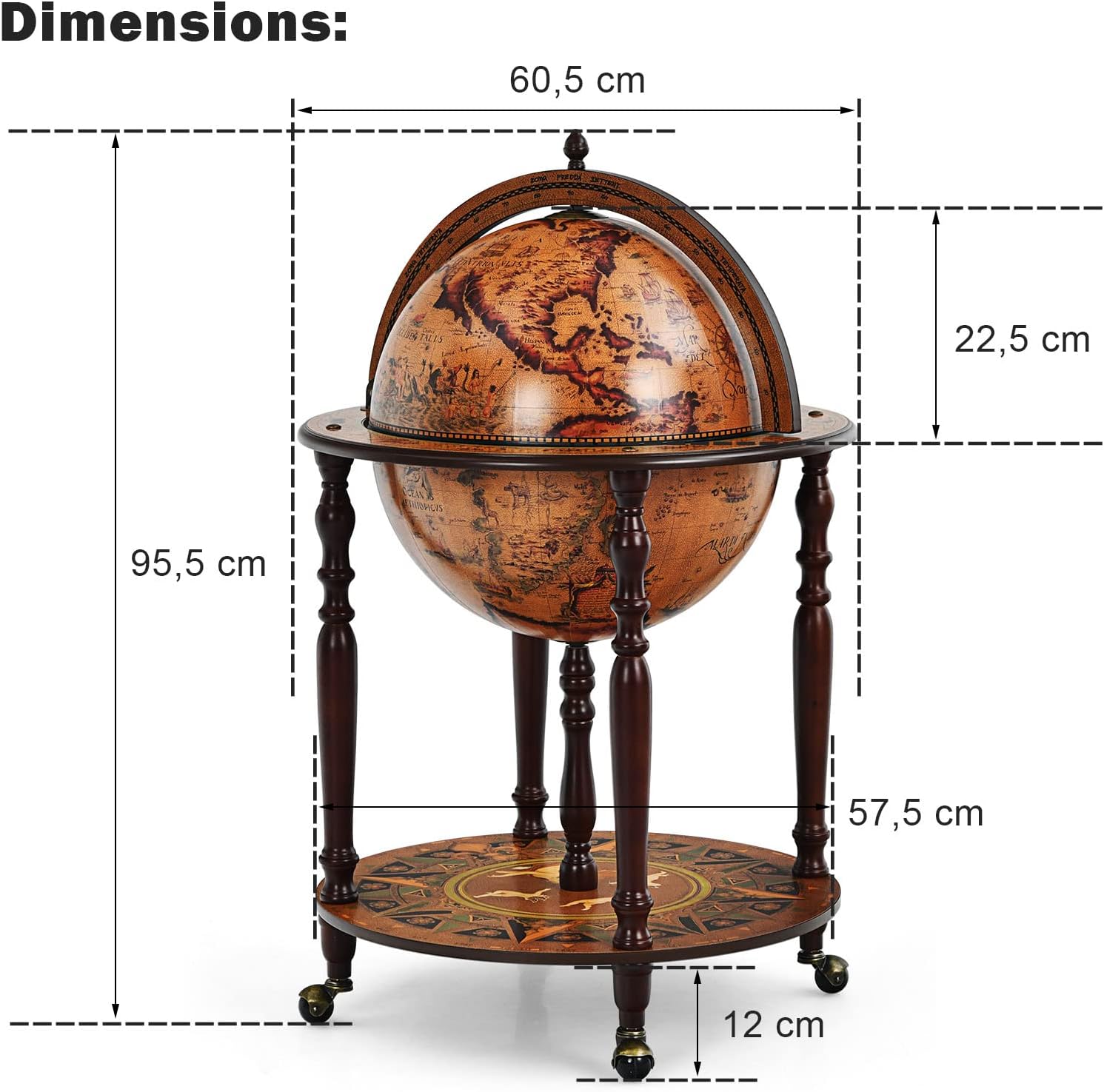 Porta Liquori Mappamondo, Portavino con Ruote, Credenza per Vino con Stile Retrò per Bar Sala da Pranzo e Salone, Diametro 45 cm - 5